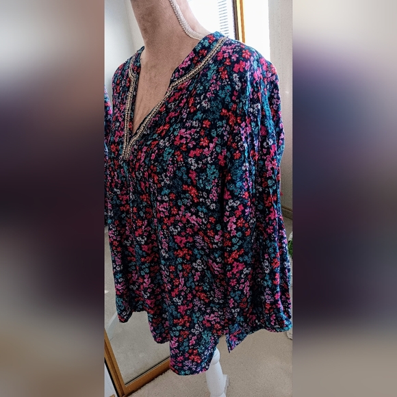 Charter Club Luxury~Linen Colorful Floral Tunic Top Rhinestone Beaded Neckline - Picture 3 of 14